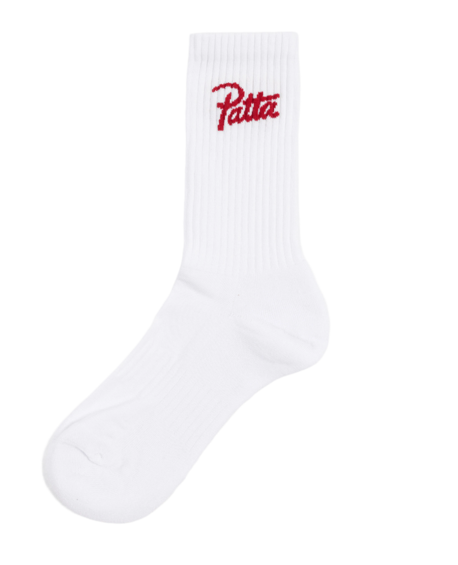 White Patta sports socks with haute red patta script logo